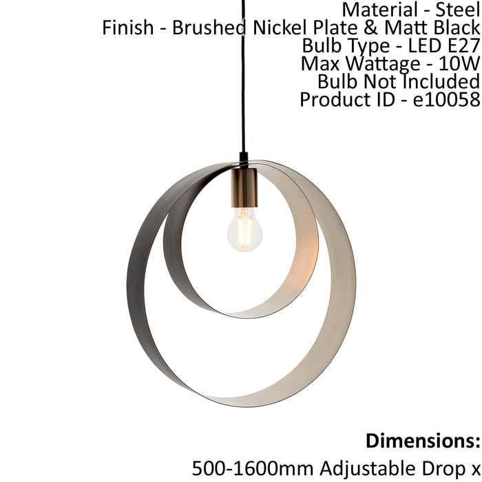 Ceiling Pendant Light Brushed Nickel Plate & Matt Black 10W LED E27 Loops