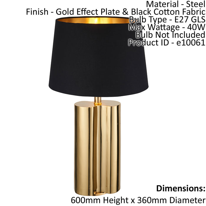 Table Lamp Gold Effect Plate & Black Cotton Fabric 40W E27 Bedside Light Loops