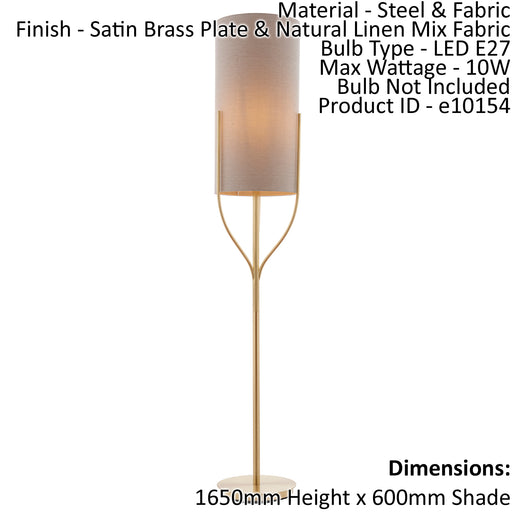 Floor Lamp Light Satin Brass & Natural Linen Mix Fabric 10W LED E27 Loops