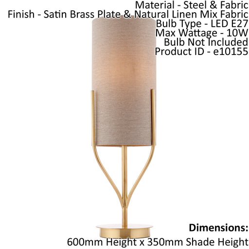 Table Lamp Satin Brass Plate & Natural Linen Mix Fabric 10W LED E27 Loops