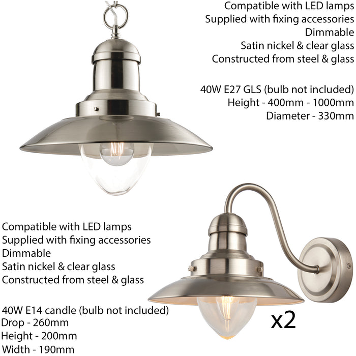 Hanging Ceiling Pendant Lamp & 2x Matching Wall Light Industrial Satin Nickel Loops