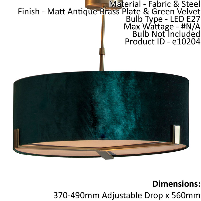 Ceiling Pendant Light Matt Antique Brass & Green Velvet 3 x 10W LED E27 Loops