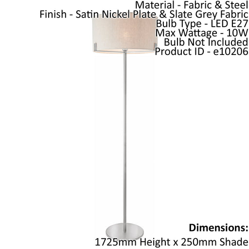 Floor Lamp Light Satin Nickel & Slate Grey Fabric 10W LED E27 Base & shade Loops