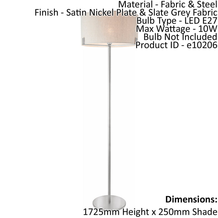 Floor Lamp Light Satin Nickel & Slate Grey Fabric 10W LED E27 Base & shade Loops