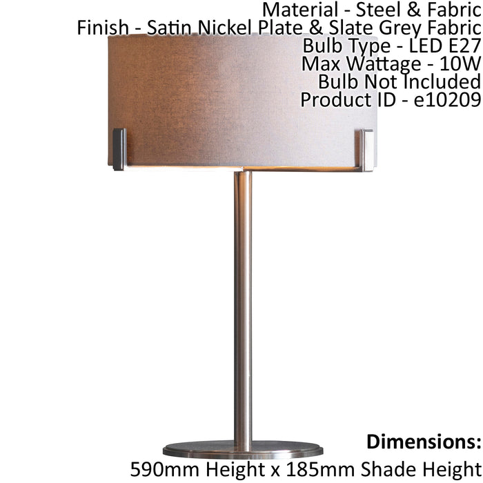 Table Lamp Satin Nickel Plate & Slate Grey Fabric 10W LED E27 Base & Shade Loops