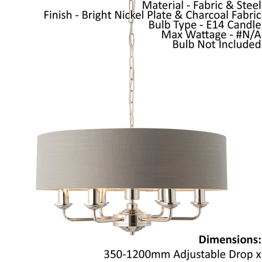 Ceiling Pendant Light - Bright Nickel & Charcoal Fabric - 6 x 40W E14 - e10242 Loops
