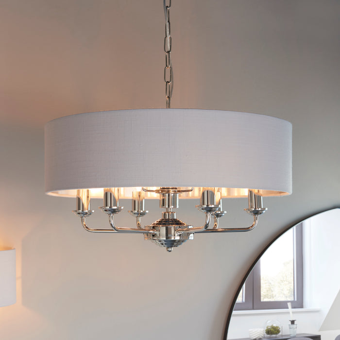 Ceiling Pendant Light - Bright Nickel Plate & Silver Fabric - 6 x 40W E14 Loops