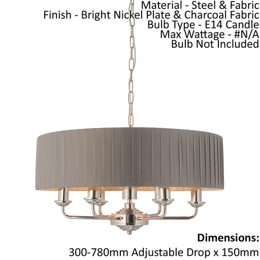 Ceiling Pendant Light - Bright Nickel & Charcoal Fabric - 6 x 40W E14 - e10245 Loops