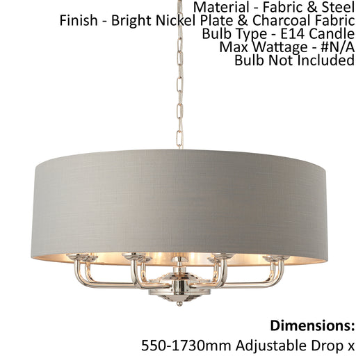 Ceiling Pendant Light - Bright Nickel Plate & Charcoal Fabric - 8 x 40W E14 Loops