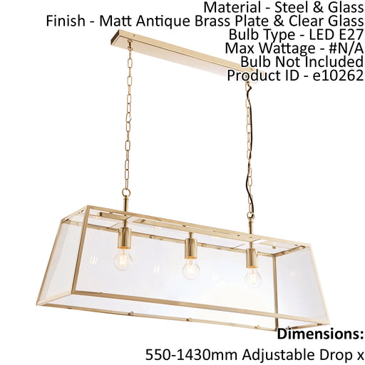 Ceiling Pendant Light Matt Antique Brass Plate & Clear Glass 3 x 10W LED E27 Loops
