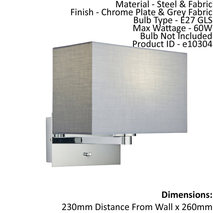 Wall Light & Shade Chrome Plate & Grey Fabric 60W E27 USB Socket e10304 Loops