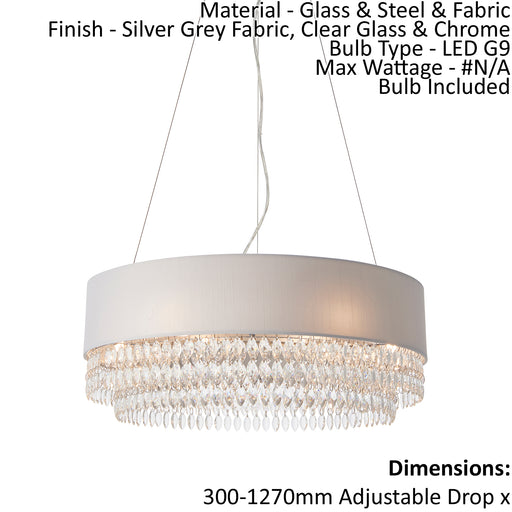 Ceiling Pendant Light - Silver Grey Fabric / Clear Glass & Chrome - 6x2.5W G9 Loops