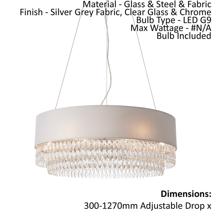 Ceiling Pendant Light - Silver Grey Fabric / Clear Glass & Chrome - 6x2.5W G9 Loops