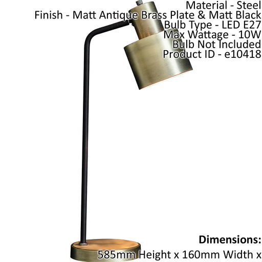 Table Lamp Matt Antique Brass Plate & Matt Black 10W LED E27 Bedside Light Loops