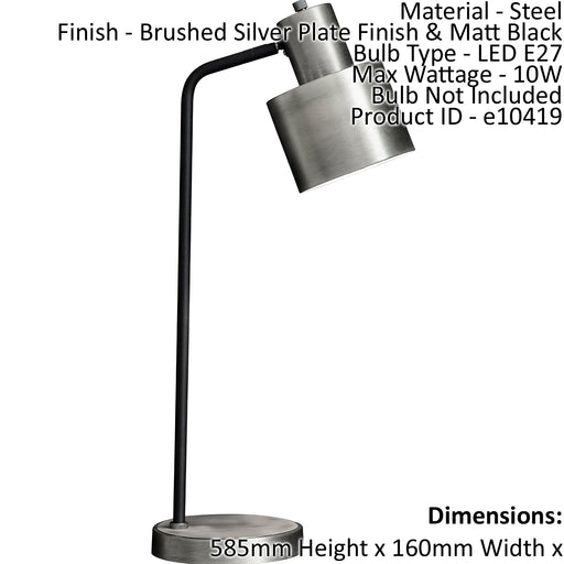Table Lamp Brushed Silver Plate Finish & Matt Black 10W E27 Bedside Light Loops