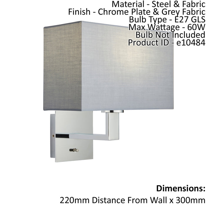 Wall Light & Shade Chrome Plate & Grey Fabric 60W E27 Living Room e10484 Loops
