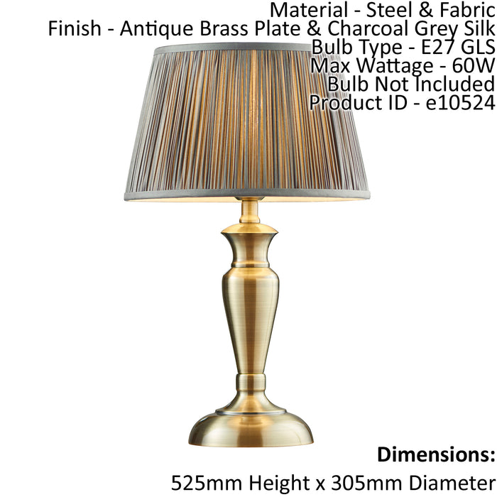 Table Lamp Antique Brass & Charcoal Grey Silk 60W E27 Bedside Light e10524 Loops