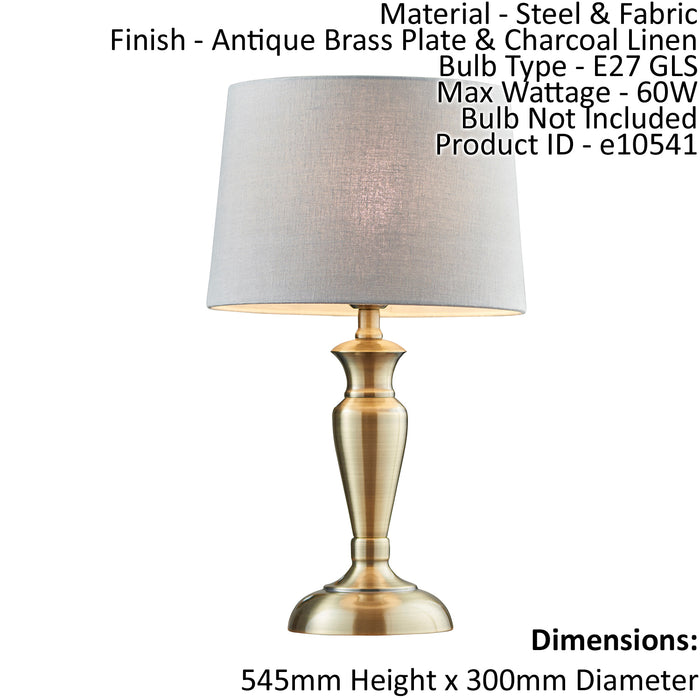 Table Lamp Antique Brass Plate & Charcoal Linen 60W E27 GLS Base & Shade Loops