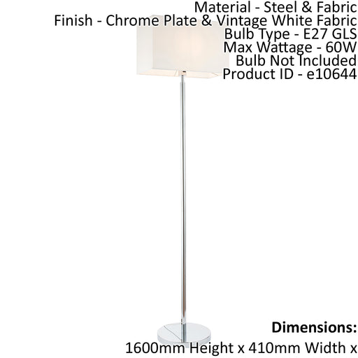 Floor Lamp Light Chrome & Vintage White Fabric 60W E27 Base & Shade e10644 Loops