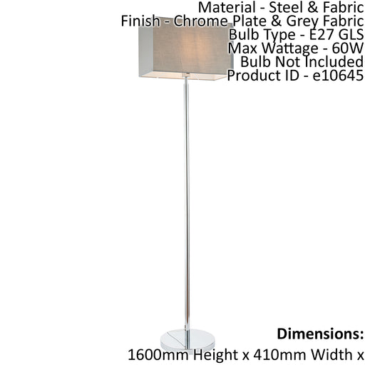 Floor Lamp Light Chrome & Grey Fabric 60W E27 Standing Base & Shade e10645 Loops