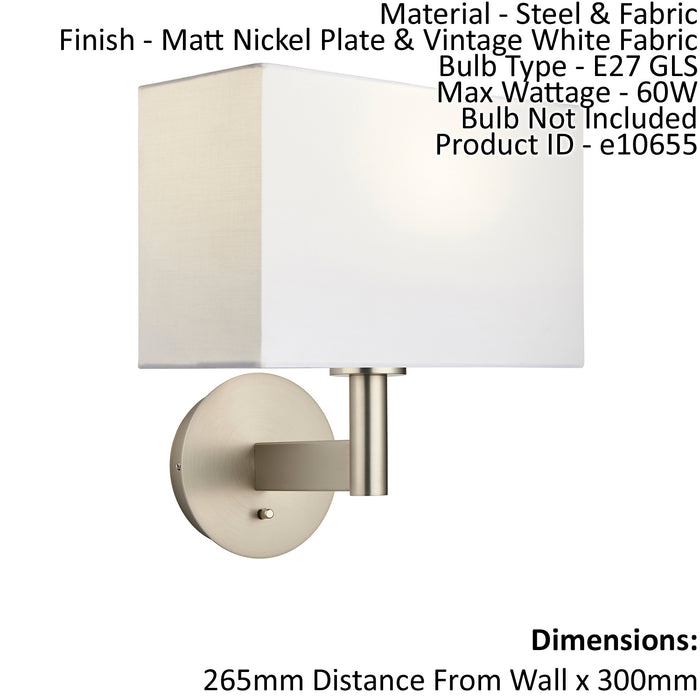Wall Light Matt Nickel Plate & Vintage White Fabric 60W E27 GLS e10655 Loops