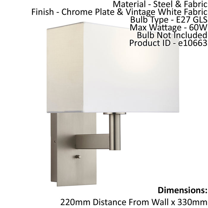 Wall Light & Shade Chrome Plate & Vintage White Fabric 60W E27 GLS e10663 Loops
