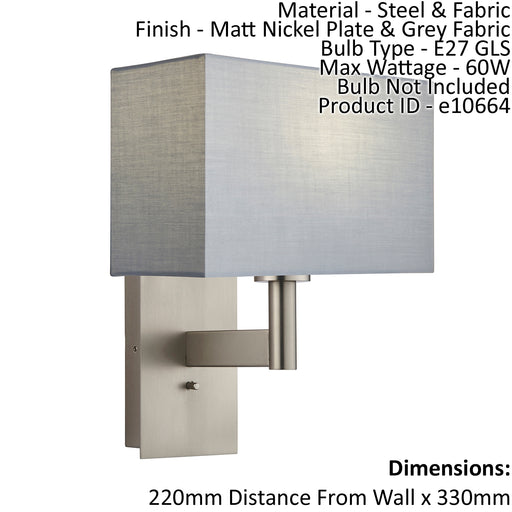 Wall Light & Shade Matt Nickel & Grey Fabric 60W E27 USB Socket e10664 Loops