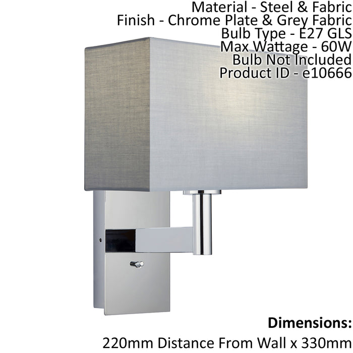 Wall Light & Shade Chrome Plate & Grey Fabric 60W E27 USB Socket e10666 Loops