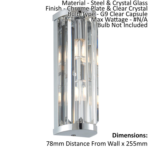 Bathroom Wall Light IP44 - Chrome Plate & Clear Crystal - 2 x 18W G9 - Dimmable Loops