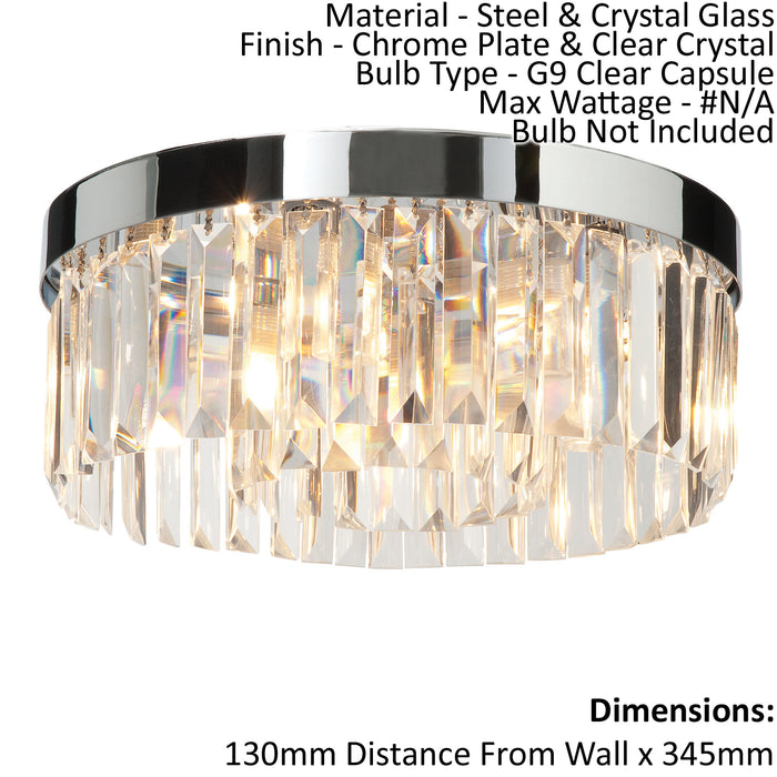 Flush Bathroom Ceiling Light IP44 - Chrome Plate & Clear Crystal - 5 x 18W G9 Loops