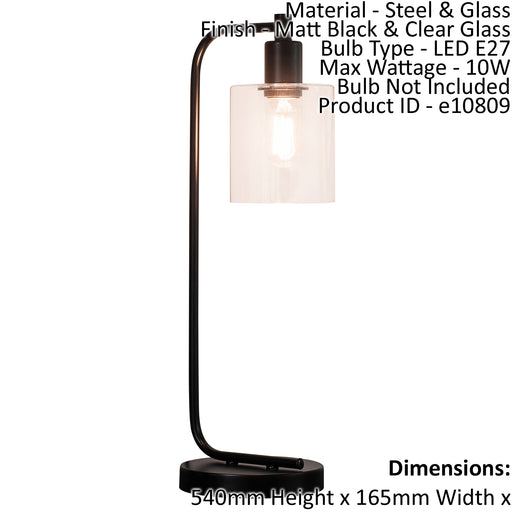 Table Lamp Matt Black & Clear Glass 10W LED E27 Complete Bedside Light Loops
