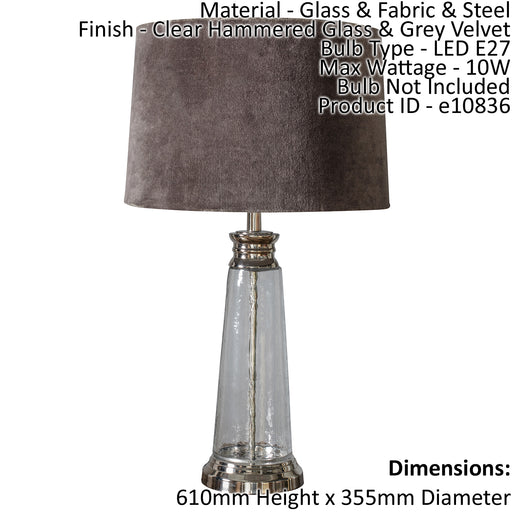 Table Lamp Clear Hammered Glass & Grey Velvet 10W LED E27 Base & Shade Loops