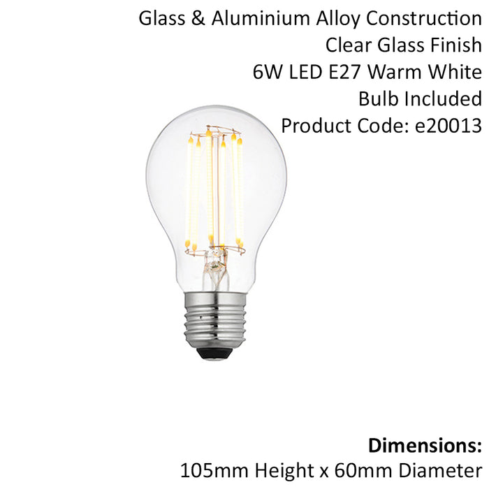 LED Filament Lamp Bulb Dimmable 6W E27 GLS LED Clear Glass 2700k Warm White