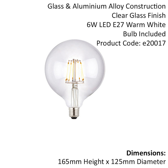 LED Filament Lamp Bulb Dimmable 6W E27 LED 125mm Clear Glass Globe Warm White