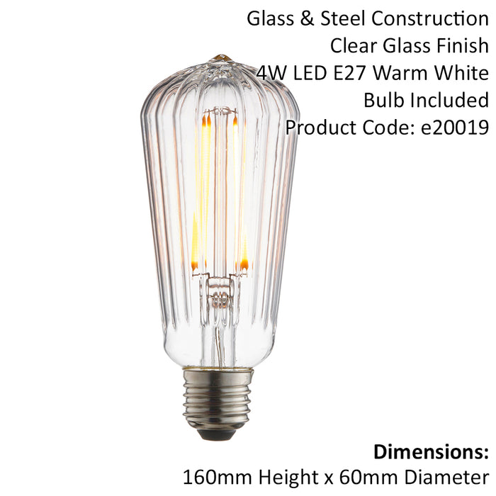 LED Filament Lamp Bulb 4W E27 LED Clear Ribbed Glass Pear 2200k Warm White