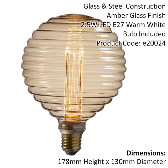 Amber Tinted Ribbed Glass Lamp - 2.5W E27 LED Light Bulb - 1800k Warm White