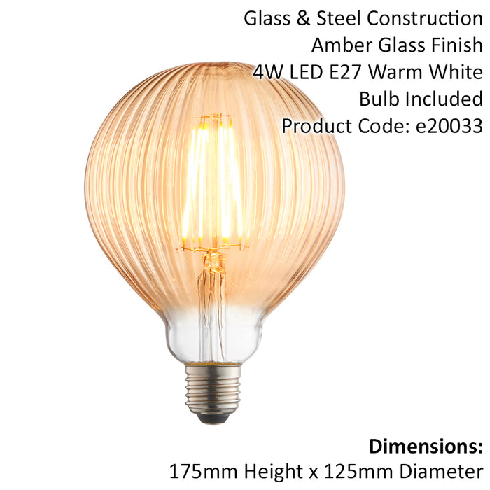 LED Filament Lamp Bulb Amber Tinted 4W E27 LED Ribbed Glass Gobe Warm White