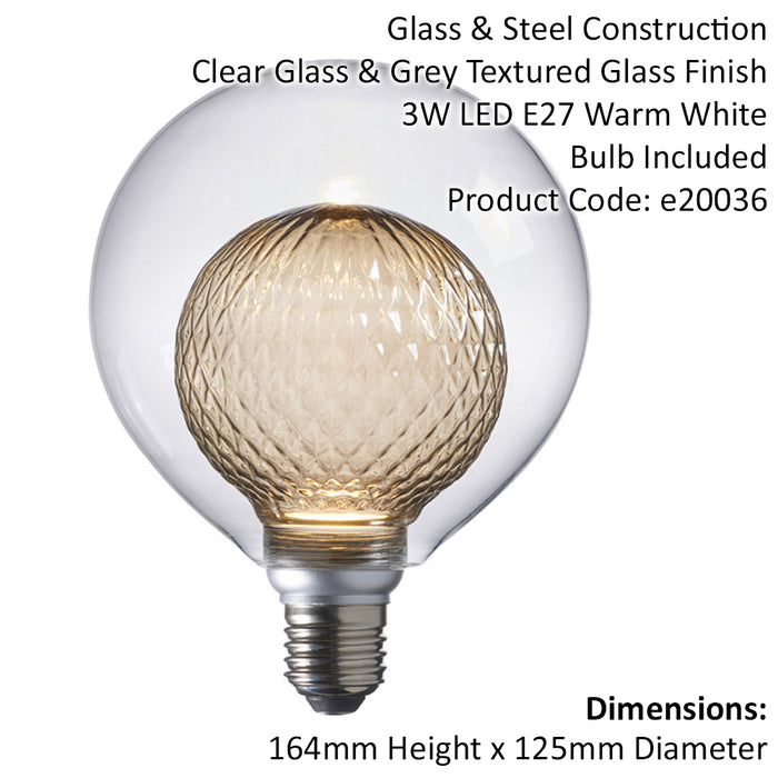 3W Clear Glass E27 Light Bulb - Tinted Grey Inner Glass Shade - Anti Glare LED