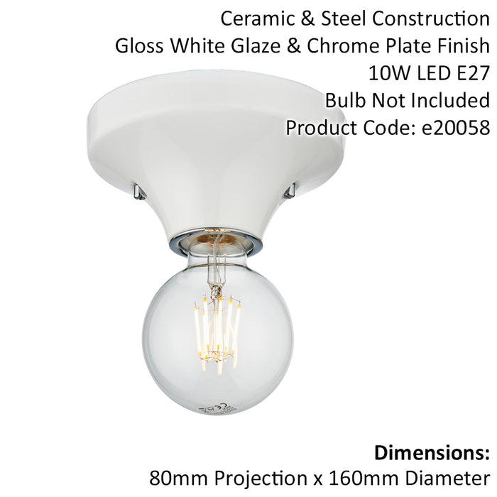 Gloss White Ceramic Bathroom Wall & Ceiling Light - IP44 Rated - Low Profile