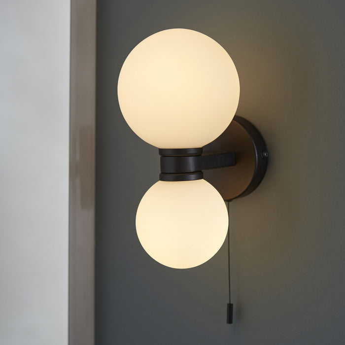Bathroom Wall Light Fitting - Matt black & Matt White Glass - Twin Lamp