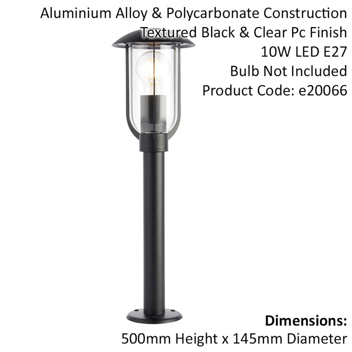 500mm Outdoor Lamp Post Light - Textured Black & Clear Shade - Exterior Bollard