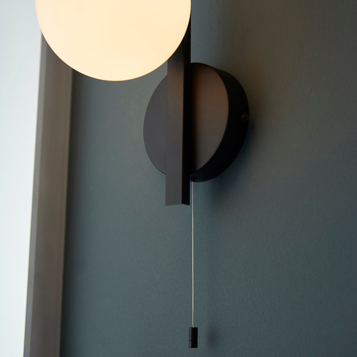 Matt Black Contemporary Bathroom Wall Light & Opal Sphere Glass Shade IP44 Rated