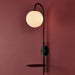 Satin Black Plug-In Wall Lamp Light Fitting & Shelf - Opal Glass Shade 