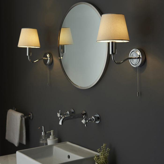 Bathroom Wall Light Fitting - Chrome Plate & Ivory Fabric Shade - Modern
