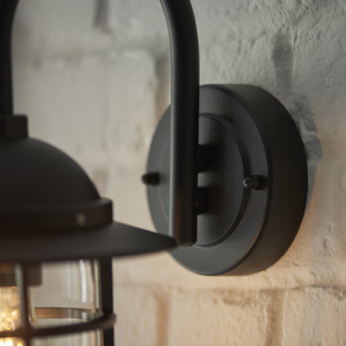 Non Automatic Caged Outdoor Wall Light - Textured Black & Glass Shade IP44 Rated