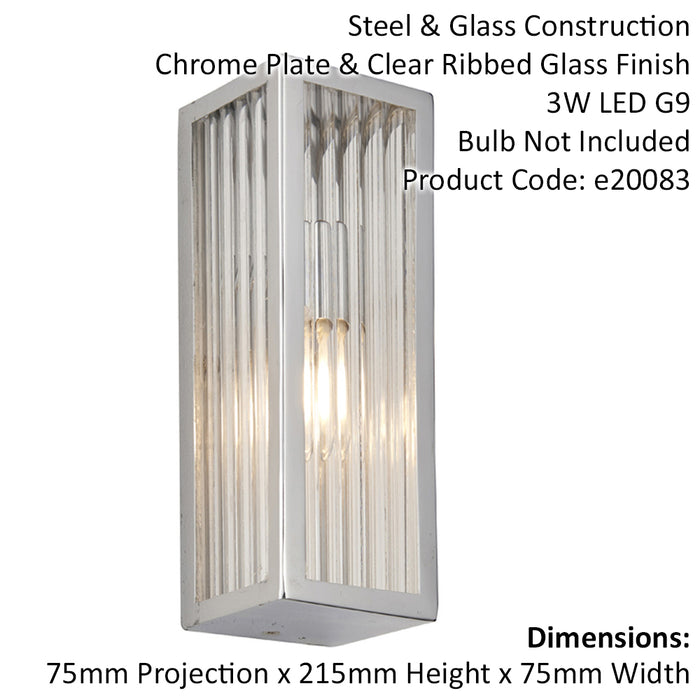 Bathroom Wall Light Fitting - Chrome Plate & Ribbed Glass Shade - Single Lamp