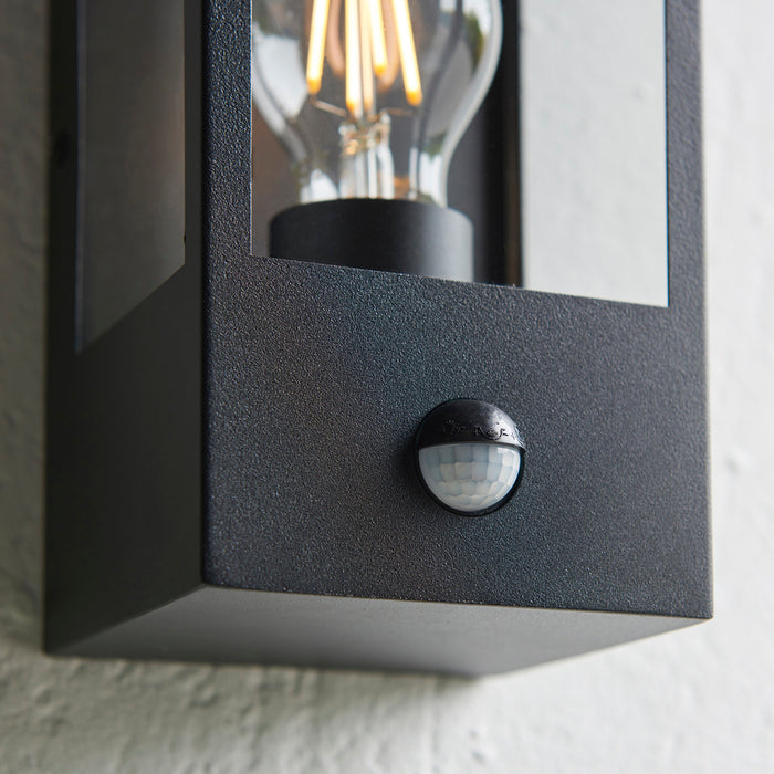 Matt Black Outdoor Wall Light & PIR Sensor - Rectangular Lantern - Clear Glass