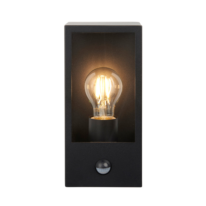Matt Black Outdoor Wall Light & PIR Sensor - Rectangular Lantern - Clear Glass