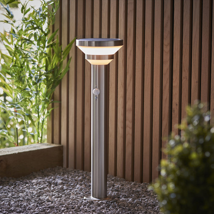 500mm Outdoor Lamp Post Light - Brushed Steel & White Diffuser - Solar Powered