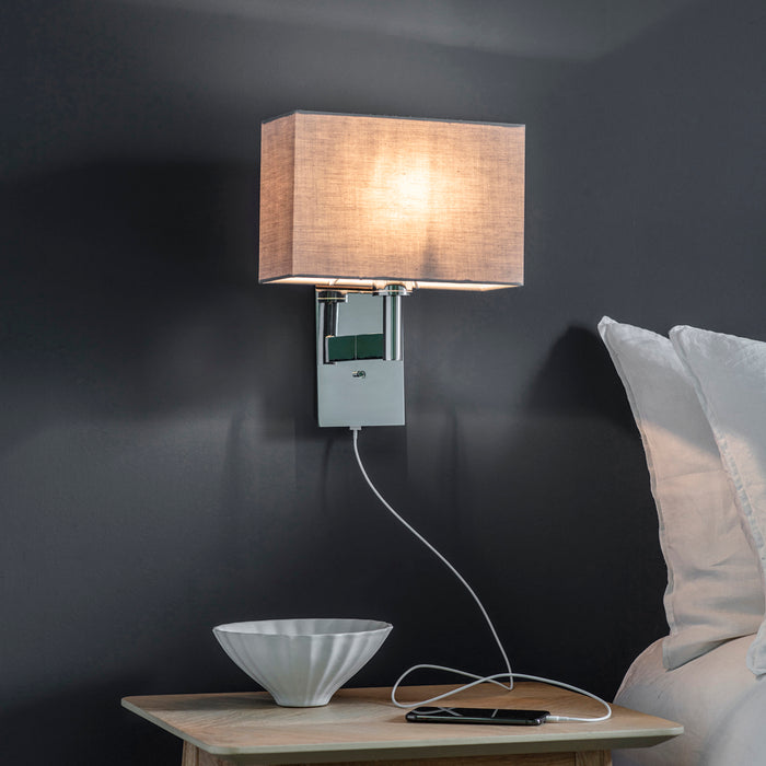 Indoor Wall Light Fitting - Chrome Plate - USB Socket - Rectangular Wall Plate